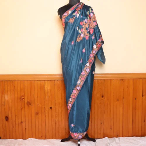 Kashmiri Chinnon Blue Saree With Floral Motifs Aari Embroidery | Lal Bazaar Collection