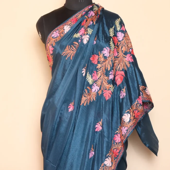 Kashmiri Chinnon Blue Saree With Floral Motifs Aari Embroidery | Lal Bazaar Collection - Image 2