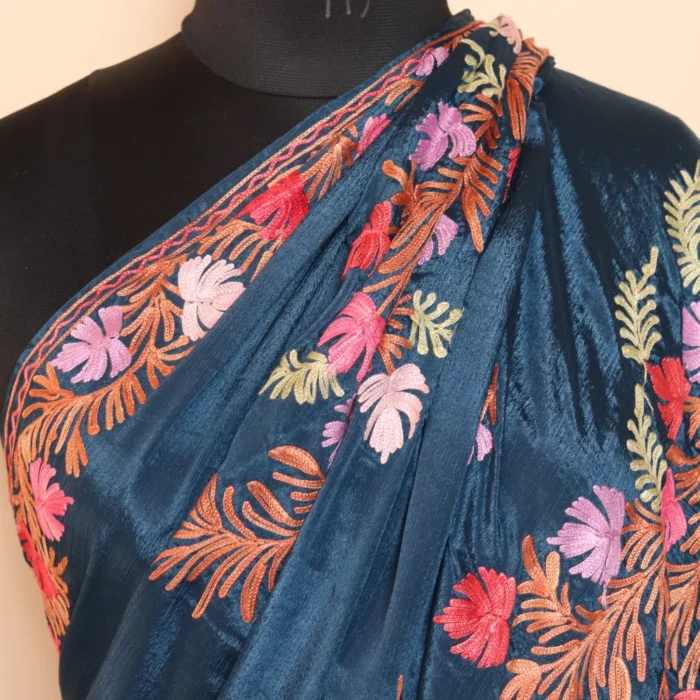 Kashmiri Chinnon Blue Saree With Floral Motifs Aari Embroidery | Lal Bazaar Collection - Image 3