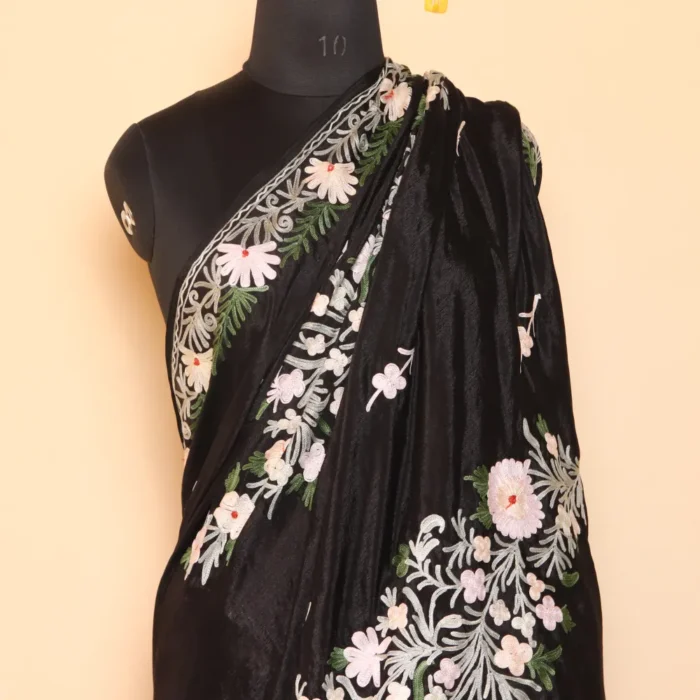 Black Chinnon Kashmiri Saree With Floral Motifs Aari Embroidery | Lal Bazaar Collection - Image 2