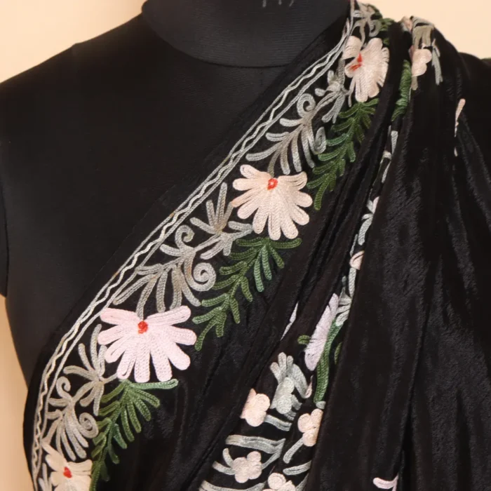 Black Chinnon Kashmiri Saree With Floral Motifs Aari Embroidery | Lal Bazaar Collection - Image 3