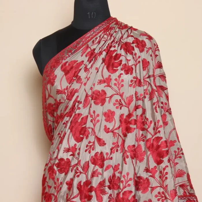 Kashmiri Beige Crepe Saree with Red Chinar Jaal Saree Aari Embroidery | Lal Bazaar Collection - Image 2