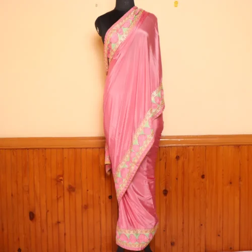 LOVE-ly Badaam Aari and Zari Tilla Embroidered Pinkish Saree from Kashmir