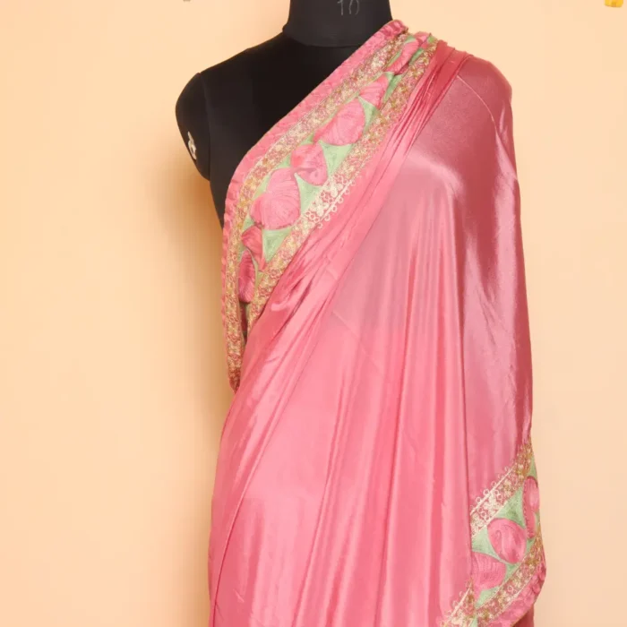 LOVE-ly Badaam Aari and Zari Tilla Embroidered Pinkish Saree from Kashmir - Image 2