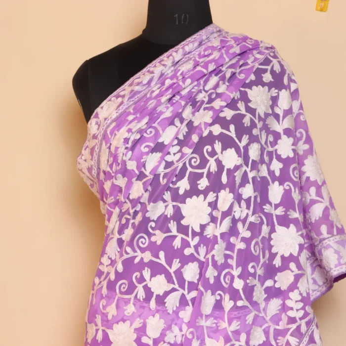 Kashmiri Purple Chinar Jaal Ari Embroidered Saree | Dal Jheel Collection - Image 2