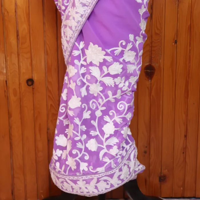 Kashmiri Purple Chinar Jaal Ari Embroidered Saree | Dal Jheel Collection - Image 4
