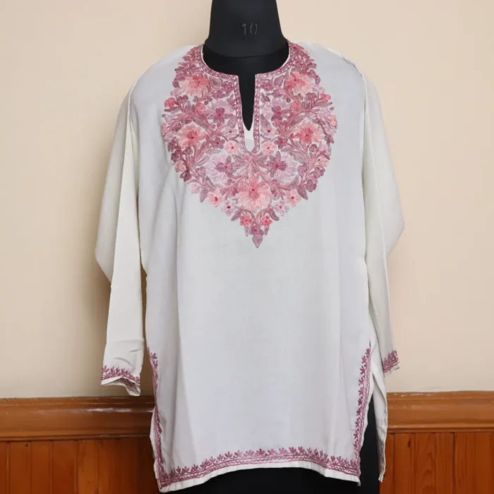 Kashmiri White Short Summer Cool Kurti with Aari Work | Pahalgam Collection