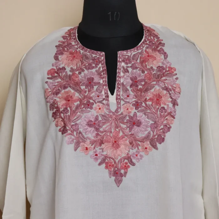Kashmiri White Short Summer Cool Kurti with Aari Work | Pahalgam Collection - Image 2