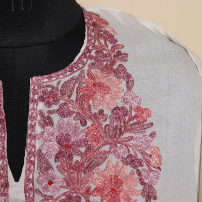 Kashmiri White Short Summer Cool Kurti with Aari Work | Pahalgam Collection - Image 3