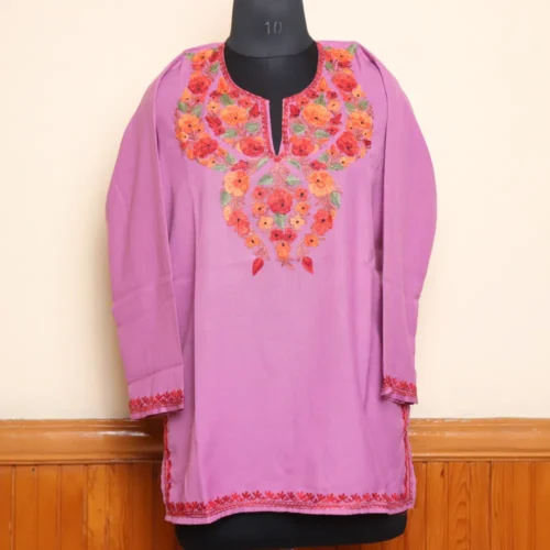 Graceful Aari Embroidered Purple Kashmiri Short Kurti in Summer Cool Fabric | Pahalgam Collection