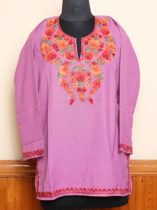 Graceful Aari Embroidered Purple Kashmiri Short Kurti in Summer Cool Fabric | Pahalgam Collection