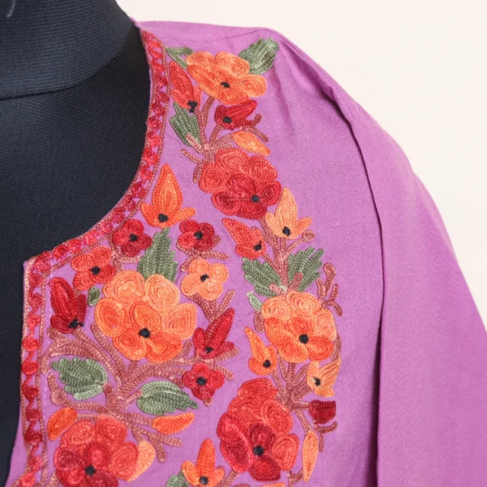 Graceful Aari Embroidered Purple Kashmiri Short Kurti in Summer Cool Fabric | Pahalgam Collection - Image 3