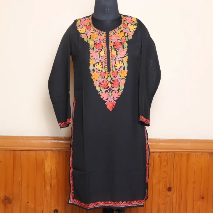 Kashmiri Black Summer Cool Long Kurti with Chinaar Aari Embroidery | Pahalgam Collection - Image 2