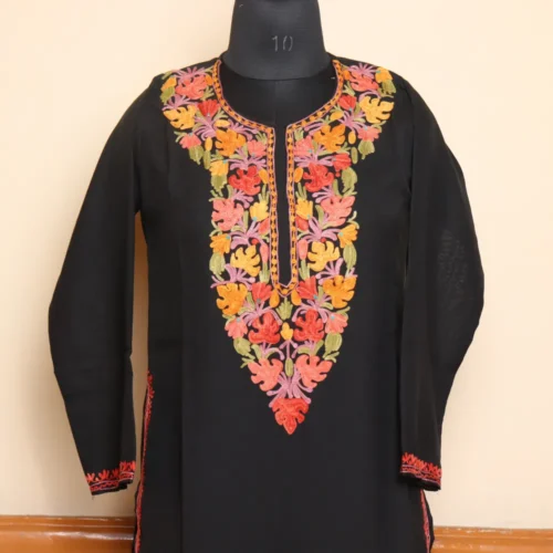 Kashmiri Black Summer Cool Long Kurti with Chinaar Aari Embroidery | Pahalgam Collection