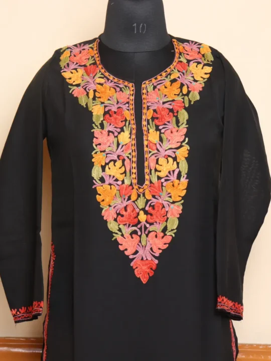 Kashmiri Black Summer Cool Long Kurti with Chinaar Aari Embroidery | Pahalgam Collection