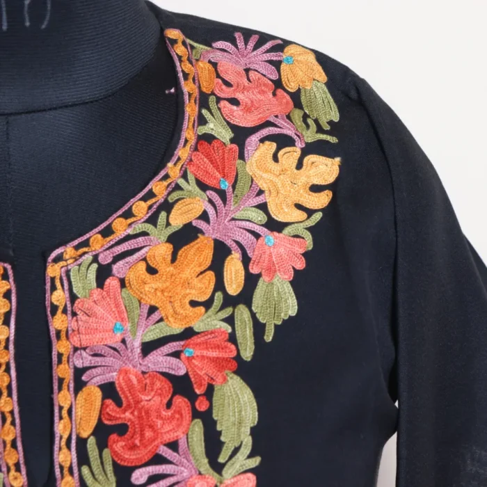 Kashmiri Black Summer Cool Long Kurti with Chinaar Aari Embroidery | Pahalgam Collection - Image 3