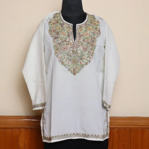 Kashmiri White Aari Work Short Kurti in Summer Cool Fabric | Pahalgam Collection