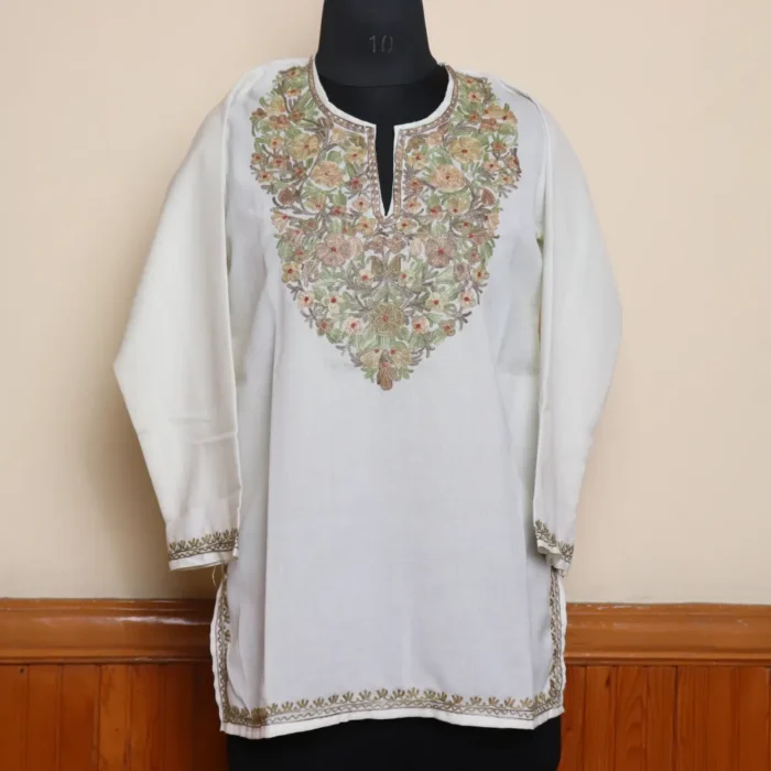 Kashmiri White Aari Work Short Kurti in Summer Cool Fabric | Pahalgam Collection