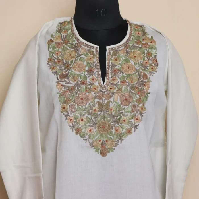 Kashmiri White Aari Work Short Kurti in Summer Cool Fabric | Pahalgam Collection - Image 2