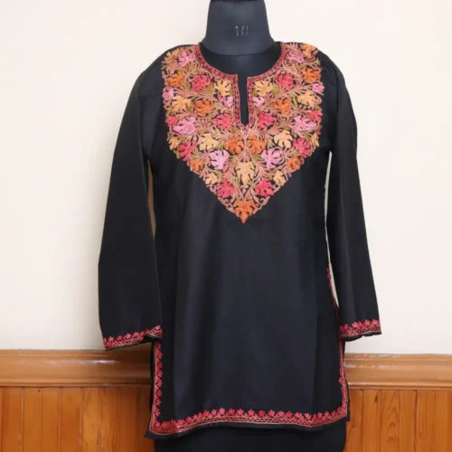 Black Kashmiri Summer Cool short-Kurti with Chinaar Aari Embroidery | Pahalgam Collection
