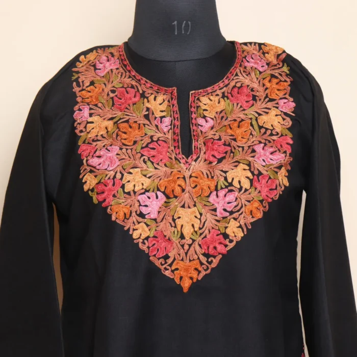 Black Kashmiri Summer Cool short-Kurti with Chinaar Aari Embroidery | Pahalgam Collection - Image 2