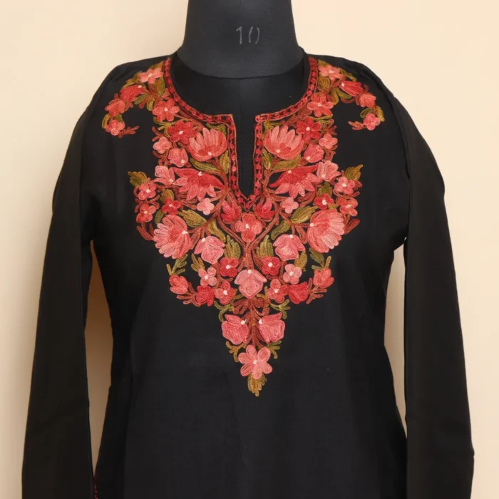 Elegent Aari Work Kashmiri Summer Cool Short Black Kurti | Pahalgam Collection - Image 2