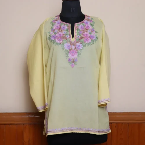 Kashmiri Aari Embroidered Pastel Yellow Short Kurti on Summer Cool | Pahalgam Collection