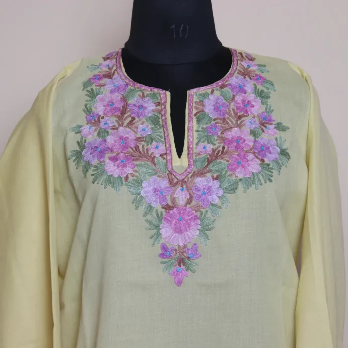 Kashmiri Aari Embroidered Pastel Yellow Short Kurti on Summer Cool | Pahalgam Collection - Image 2