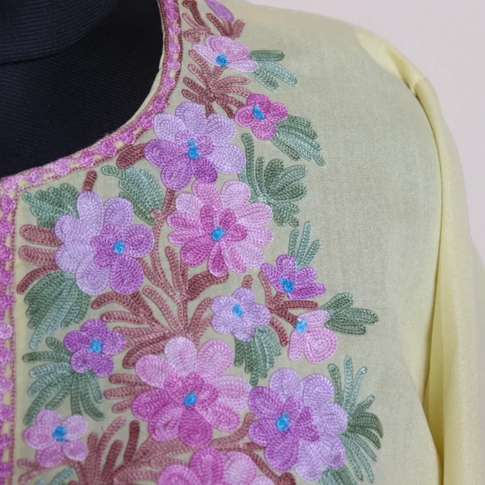 Kashmiri Aari Embroidered Pastel Yellow Short Kurti on Summer Cool | Pahalgam Collection - Image 3