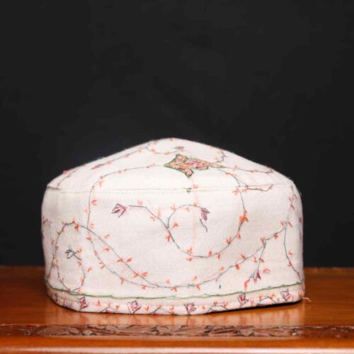 Kashmiri Cap Kohsar Gul White Toosha with Hand Sozni Embroidery