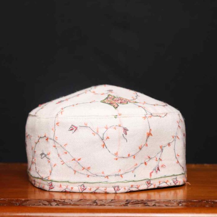 Kohsar Gul White Toosha Cap with Hand Sozni Embroidery