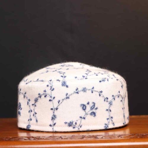 Naqsh-e-Rafiq White Premium Toosha Cap with Blue Hand Sozni Embroidery and Kalamkari Outline