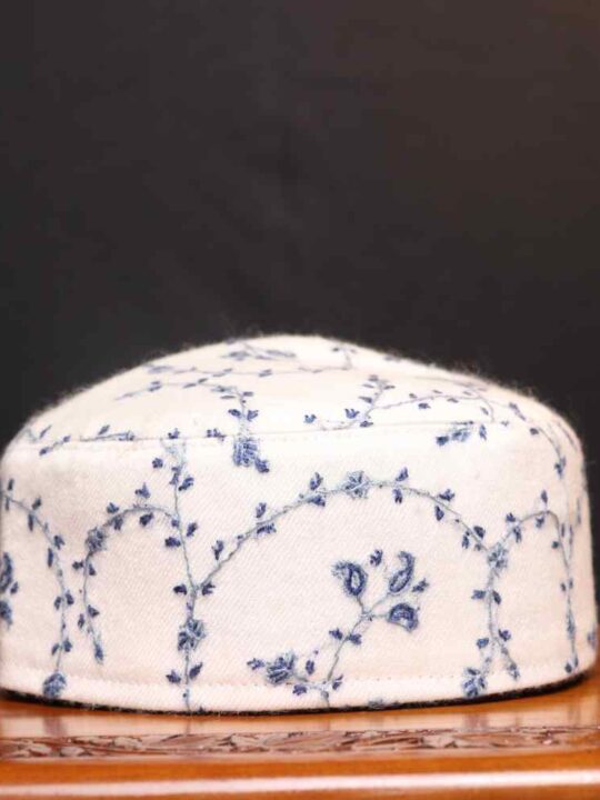 Naqsh-e-Rafiq White Premium Toosha Cap with Blue Hand Sozni Embroidery and Kalamkari Outline