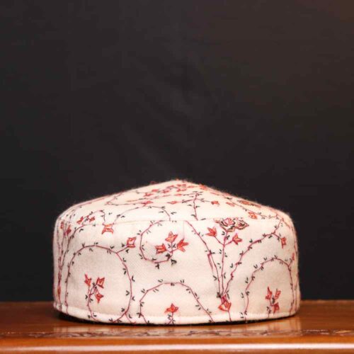 Asar Mahal White Toosha Cap with Hand Sozni Embroidery