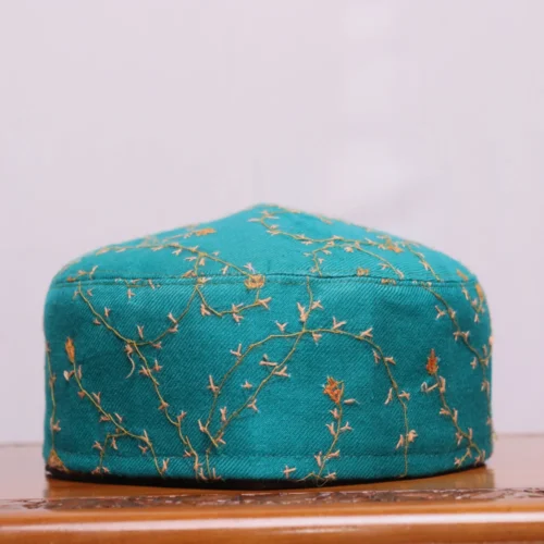 Darakht-e-Noor Sea Green Toosha Cap with Hand Sozni Embroidery