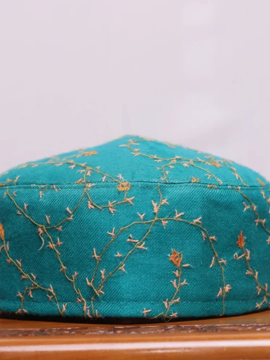 Darakht-e-Noor Sea Green Toosha Cap with Hand Sozni Embroidery