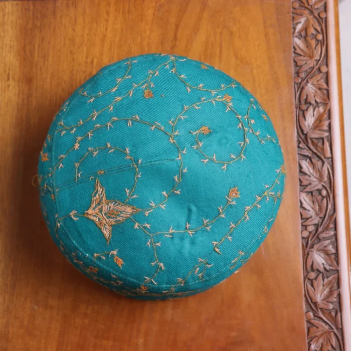 Darakht-e-Noor Sea Green Toosha Cap with Hand Sozni Embroidery - Image 3