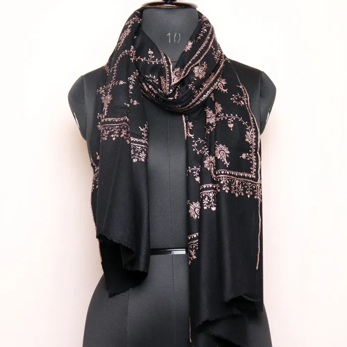 Black Pure Pashmina Stole with Sozni Hand Embroidery – Handwoven Kashmiri Wrap | Soft Luxury Scarf for Women - Image 3