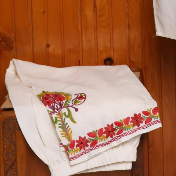 White Kashmiri Kurti Set in Summer Cool Fabric with Heavy Aari Work | Gulmohar Collection - Image 4