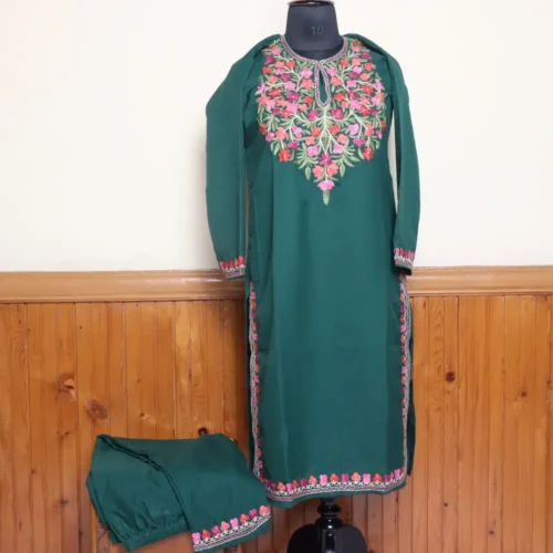Dark Green Light Kashmiri Summer Cool Kurti Set with Heavy Aari Embroidery | Gulmohar Collection