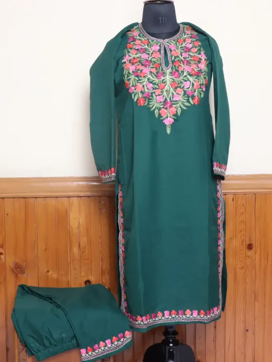 Dark Green Light Kashmiri Summer Cool Kurti Set with Heavy Aari Embroidery | Gulmohar Collection
