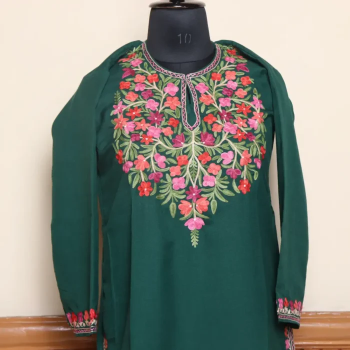 Dark Green Light Kashmiri Summer Cool Kurti Set with Heavy Aari Embroidery | Gulmohar Collection - Image 2