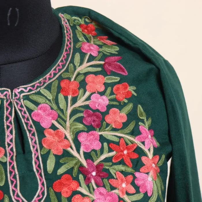 Dark Green Light Kashmiri Summer Cool Kurti Set with Heavy Aari Embroidery | Gulmohar Collection - Image 3