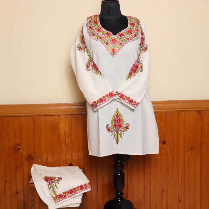 White Kashmiri Kurti Set in Summer Cool Fabric with Heavy Aari Work | Gulmohar Collection