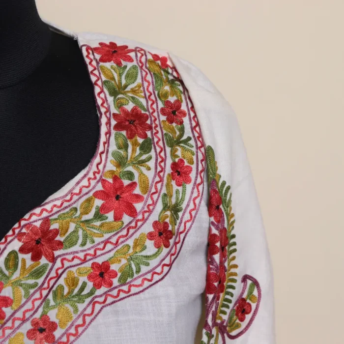 White Kashmiri Kurti Set in Summer Cool Fabric with Heavy Aari Work | Gulmohar Collection - Image 3