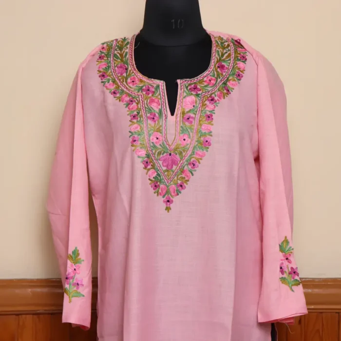 Summer-Friendly Pink Kashmiri Kurti Set in Cool Fabric with Heavy Aari Embroidery | Gulmohar Collection - Image 2