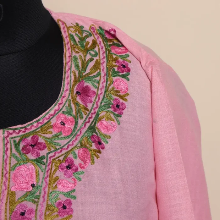 Summer-Friendly Pink Kashmiri Kurti Set in Cool Fabric with Heavy Aari Embroidery | Gulmohar Collection - Image 3