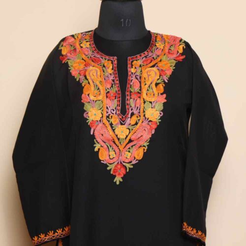 Elegant Black Aari Embroidery Kashmiri Long Summer Cool Kurti | Pahalgam Collection
