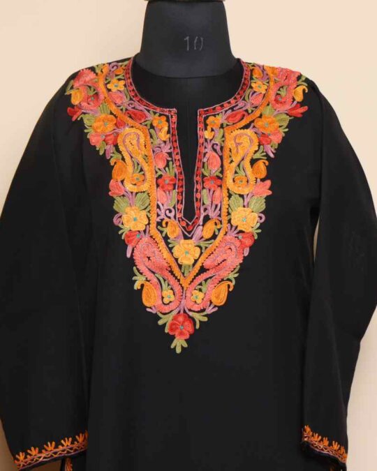 Elegant Black Aari Embroidery Kashmiri Long Summer Cool Kurti | Pahalgam Collection