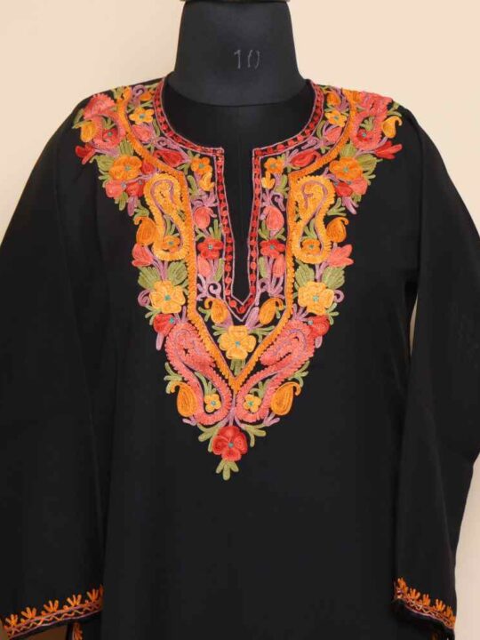 Elegant Black Aari Embroidery Kashmiri Long Summer Cool Kurti | Pahalgam Collection